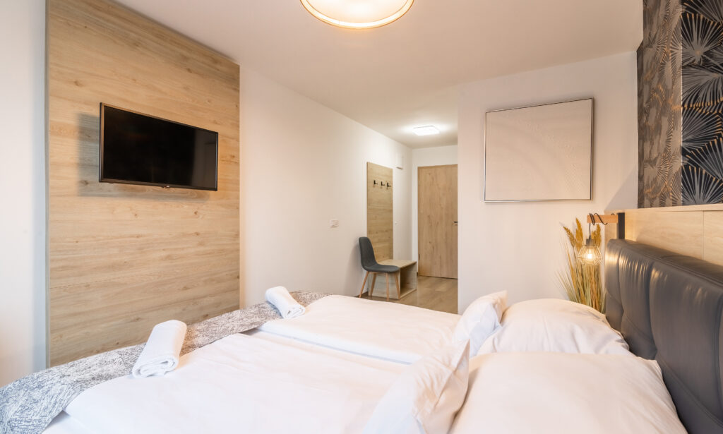 Cameră dublă standard la parter Camera noastră dublă de la parter este perfectă pentru călătorii singuri și cupluri. Paturi boxspring de 180×200 cm, baie cu duș.